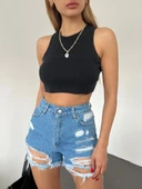 Yıkamalı Lazer Yırtıklı Mini Denim Şort thumbnail 3