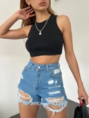 Yıkamalı Lazer Yırtıklı Mini Denim Şort thumbnail 2