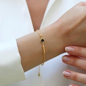 Yonca Siyah Mineli Trend Gold Gümüş Bileklik thumbnail 1