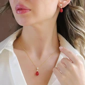 Mercan Taşlı Damla Gold Gümüş Set thumbnail 1