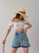 Paçası Püsküllü Desenli Denim Şort thumbnail 8
