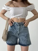 Paçası Püsküllü Desenli Denim Şort thumbnail 2