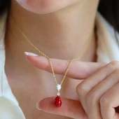 Mercan Taşlı Damla Gold Gümüş Set thumbnail 3