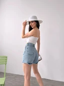 Paçası Püsküllü Desenli Denim Şort thumbnail 2