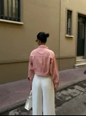 Çift Cep Denim Crop Ceket thumbnail 4