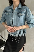 Püskül Detaylı Denim Crop Ceket thumbnail 1