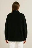 Kadın Yarım Fermuarlı Triko Kazak – Selanik Örgü, Dik Yaka, Pamuklu Dokuma, Oversize Uzun Kollu Kışlık Model - Siyah thumbnail 4