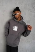 Erkek Ön Arka Baskılı Kapşonlu Sweat - Gri thumbnail 3