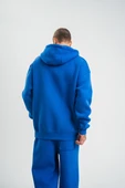 Unisex Double Oversize Kapşonlu Basic Sweatshirt - Mavi thumbnail 2