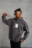 Erkek Ön Arka Baskılı Kapşonlu Sweat - Gri thumbnail 1