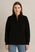 Kadın Yarım Fermuarlı Triko Kazak – Selanik Örgü, Dik Yaka, Pamuklu Dokuma, Oversize Uzun Kollu Kışlık Model - Siyah thumbnail 3