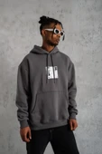 Erkek Ön Arka Baskılı Kapşonlu Sweat - Gri thumbnail 5