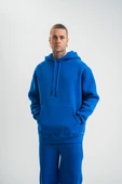 Unisex Double Oversize Kapşonlu Basic Sweatshirt - Mavi thumbnail 4