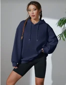 Kadın Uzun Kol Kapşonlu Basic Sweatshirt Hoodie - Lacivert thumbnail 1