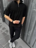 Unisex Yarım Fermuarlı Basic T-shirt - Siyah thumbnail 2