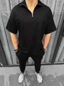 Unisex Yarım Fermuarlı Basic T-shirt - Siyah thumbnail 1