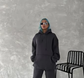 Kapüşonlu Üç İplik Penye Basic Sweatshirt - Füme thumbnail 2