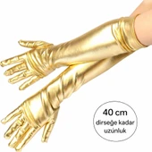 Altın Renk Dirsek Altı Lüks Saten Eldiven 40 Cm thumbnail 1