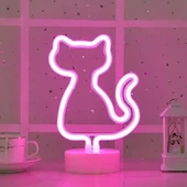 Neon Kedi Masa Gece Lambası Pembe Işık thumbnail 1