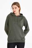 Kadın Haki Kapüşonlu Basic Örme Sweatshirt thumbnail 1