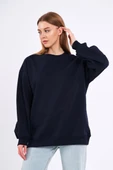 Lacivert Kadın Pamuklu Oversize Basic Bisiklet Yaka Sweatshirt thumbnail 2
