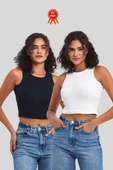 Kadın Siyah-beyaz Fitilli Görünümlü Askılı Kalın 2'li Basic Atlet thumbnail 1