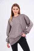 Kahve Kadın Pamuklu Oversize Basic Bisiklet Yaka Sweatshirt thumbnail 2