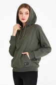 Kadın Haki Kapüşonlu Basic Örme Sweatshirt thumbnail 2