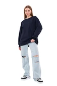Lacivert Kadın Pamuklu Oversize Basic Bisiklet Yaka Sweatshirt thumbnail 1