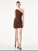 Slim Fit Drapeli Tek Omuz Mini Bodycon Elbise thumbnail 2