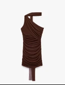 Slim Fit Drapeli Tek Omuz Mini Bodycon Elbise thumbnail 3