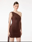 Slim Fit Drapeli Tek Omuz Mini Bodycon Elbise thumbnail 1