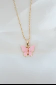 Gold Kaplama Pembe Sedefli Kelebek Kolye -1492 thumbnail 2