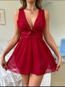 Closet Kırmızı Dantel İşlemeli Tül  Gecelik thumbnail 5