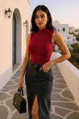 Kadın Bordo Kolsuz Balıkçı Yaka Basic Bluz thumbnail 4