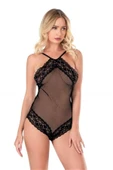 Dantel İşlemeli Siyah File Tül Bodysuit thumbnail 1