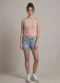 Kadın Triko Örme Halter Yaka Crop Bluz - Pembe thumbnail 2