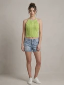 Kadın Triko Örme Halter Yaka Crop Bluz - Yeşil thumbnail 2