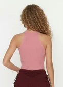 Kadın Fitilli Halter Yaka Crop Bluz - Pembe thumbnail 5