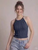 Kadın Triko Örme Halter Yaka Crop Bluz - Lacivert thumbnail 1
