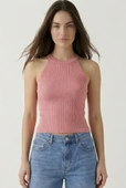 Kadın Fitilli Halter Yaka Crop Bluz - Pembe thumbnail 1