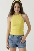 Kadın Fitilli Halter Yaka Crop Bluz - Sarı thumbnail 1