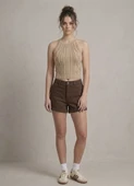 Kadın Triko Örme Halter Yaka Crop Bluz - Bej thumbnail 2