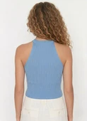 Kadın Fitilli Halter Yaka Crop Bluz - Mavi thumbnail 5