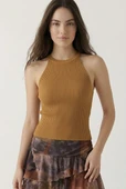 Kadın Fitilli Halter Yaka Crop Bluz - Camel thumbnail 1