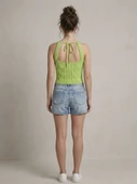 Kadın Triko Örme Halter Yaka Crop Bluz - Yeşil thumbnail 3