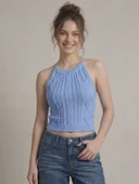 Kadın Triko Örme Halter Yaka Crop Bluz - Mavi thumbnail 1