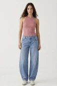 Kadın Fitilli Halter Yaka Crop Bluz - Pembe thumbnail 2