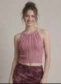Kadın Triko Örme Halter Yaka Crop Bluz - Gül Kurusu thumbnail 1