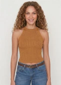 Kadın Fitilli Halter Yaka Crop Bluz - Camel thumbnail 4